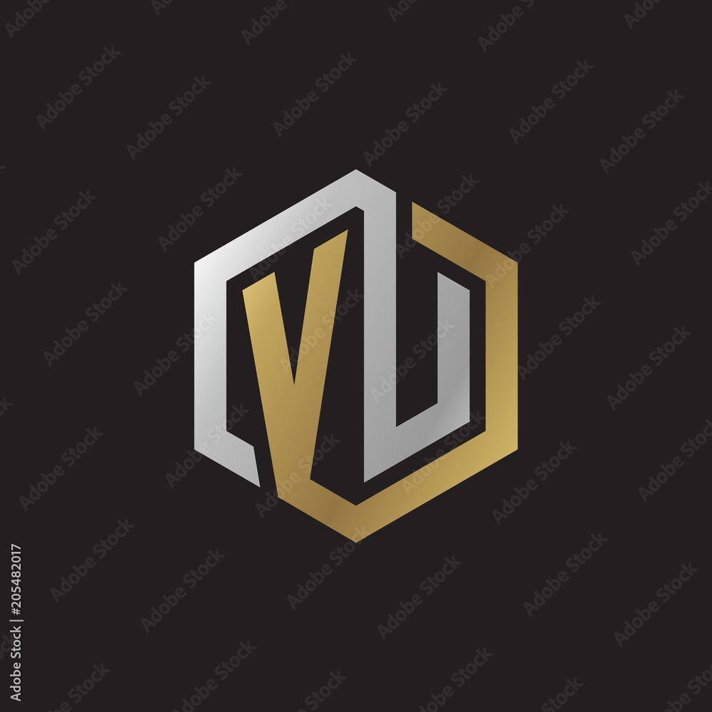 Initial letter VU, looping line, hexagon shape logo, silver gold color on black background Initial letter VU, looping line, hexagon shape logo, silver gold color on black background