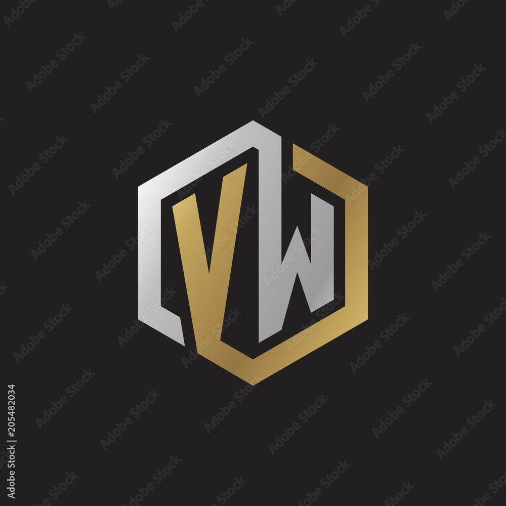 Initial letter VW, looping line, hexagon shape logo, silver gold color on black background Initial letter VW, looping line, hexagon shape logo, silver gold color on black background