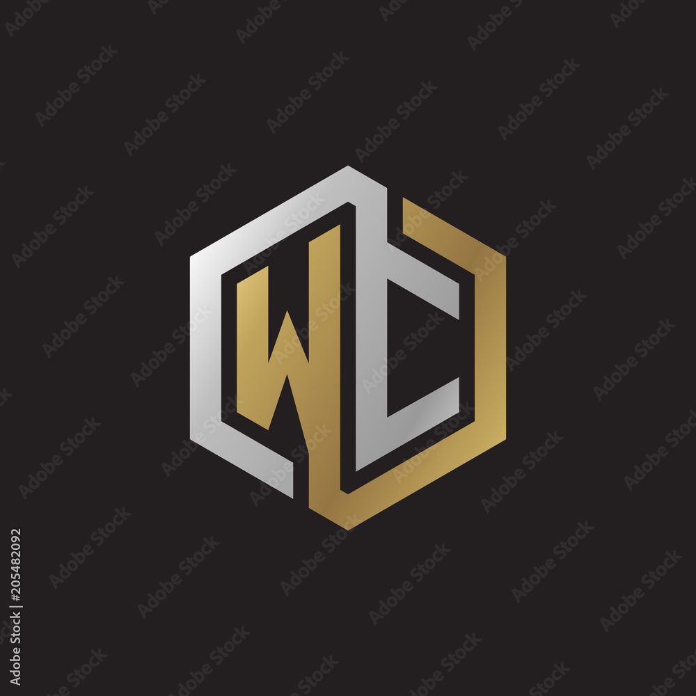 Initial letter WC, looping line, hexagon shape logo, silver gold color on black background Initial letter WC, looping line, hexagon shape logo, silver gold color on black background
