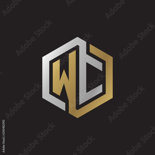 Initial letter WC, looping line, hexagon shape logo, silver gold color on black background