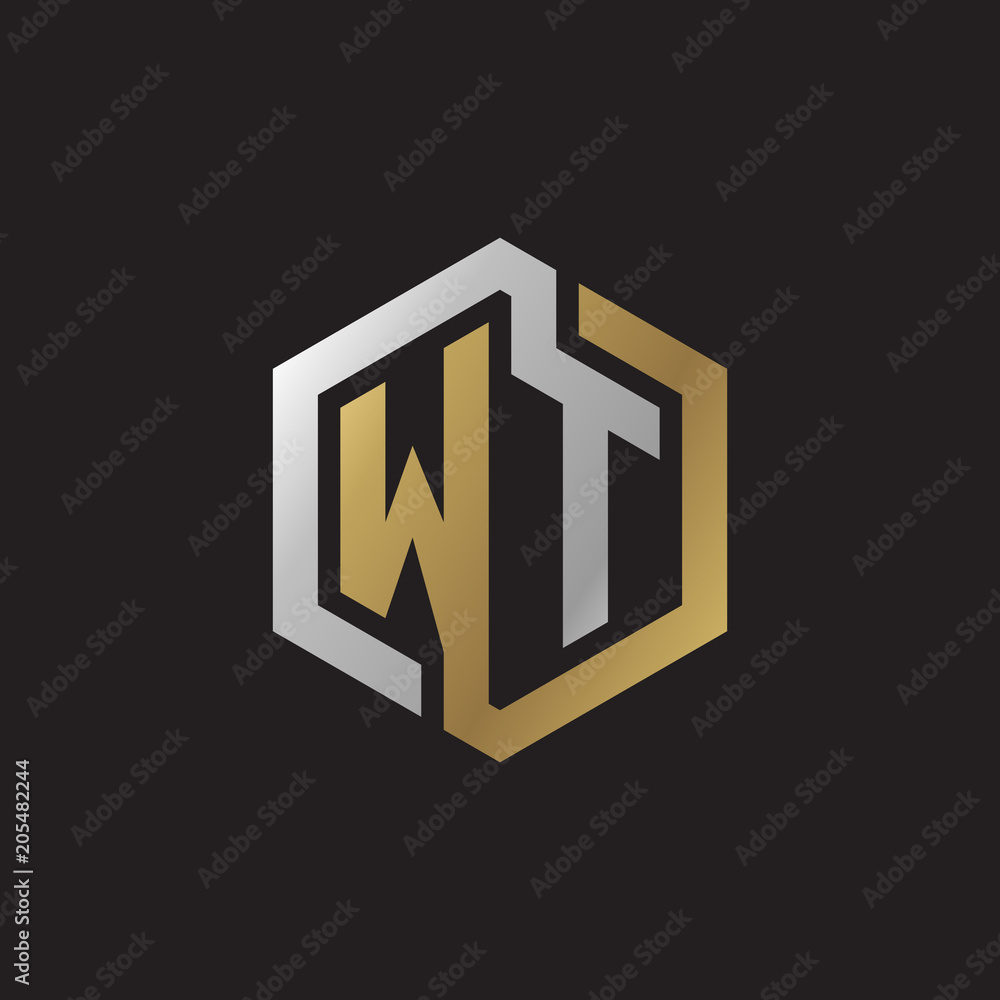 Initial letter WT, looping line, hexagon shape logo, silver gold color on black background Initial letter WT, looping line, hexagon shape logo, silver gold color on black background