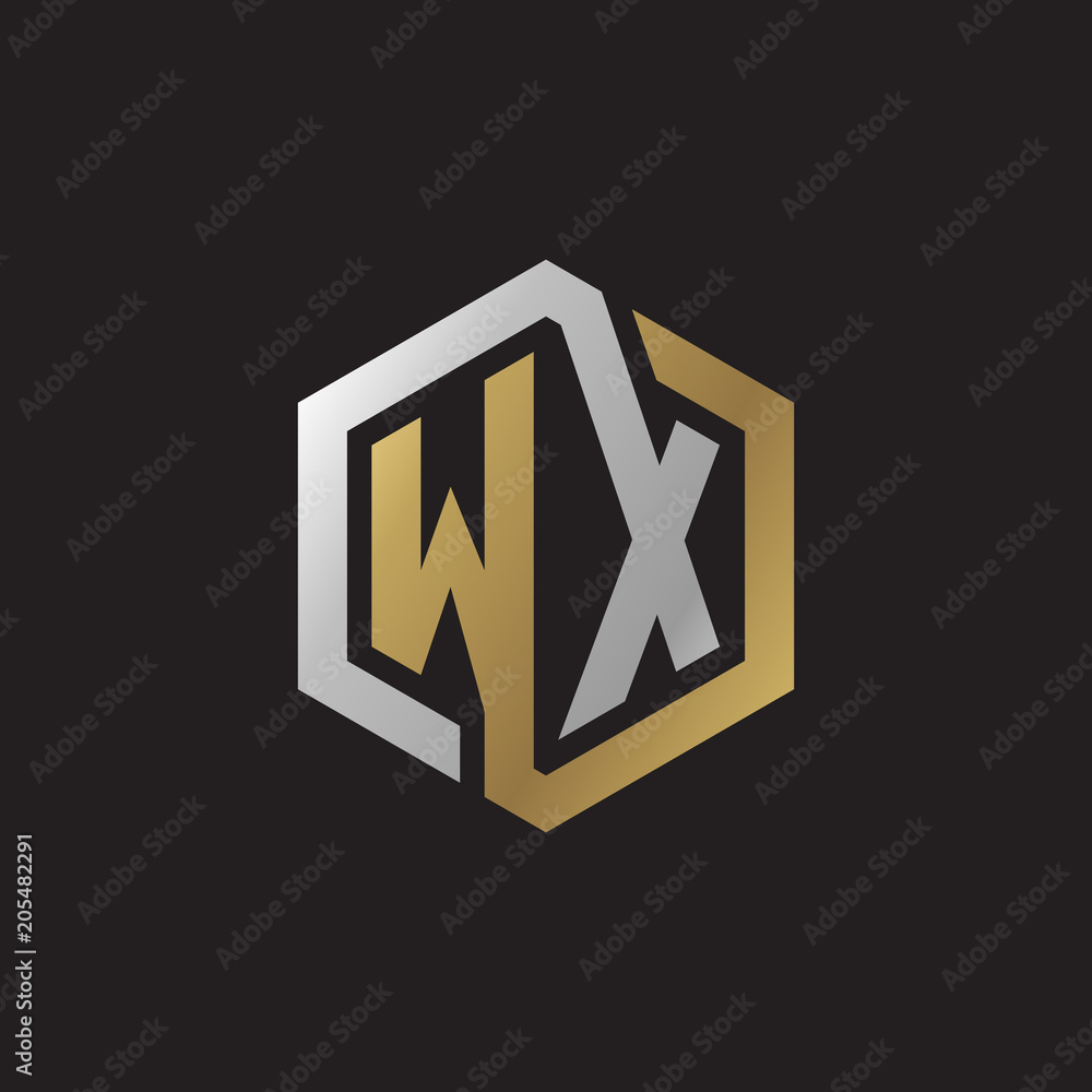 Initial letter WX, looping line, hexagon shape logo, silver gold color on black background Initial letter WX, looping line, hexagon shape logo, silver gold color on black background