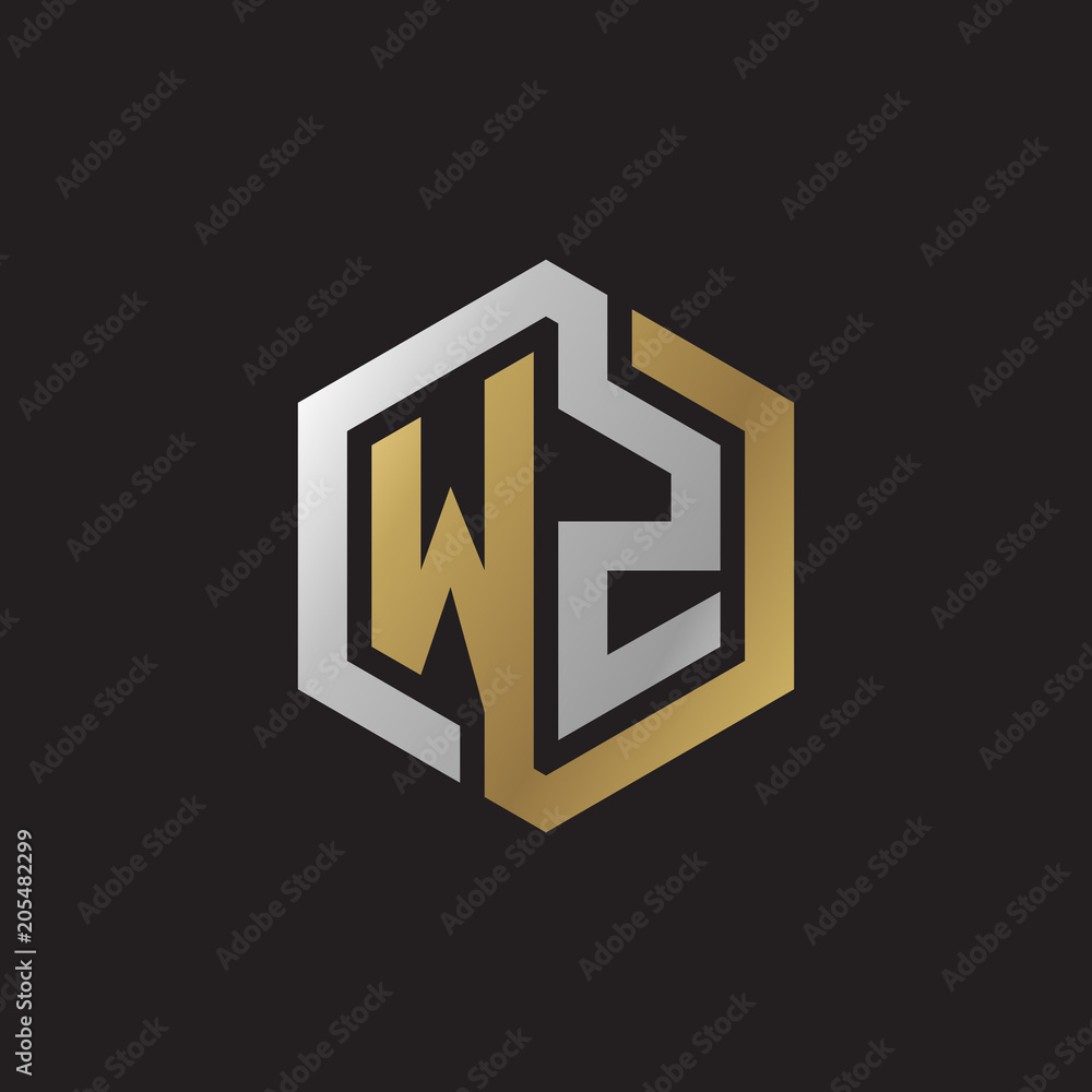 Initial letter WZ, looping line, hexagon shape logo, silver gold color on black background Initial letter WZ, looping line, hexagon shape logo, silver gold color on black background