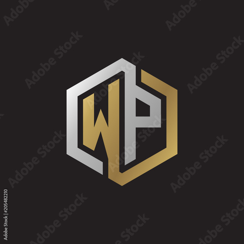 Initial letter WP, looping line, hexagon shape logo, silver gold color on black background
