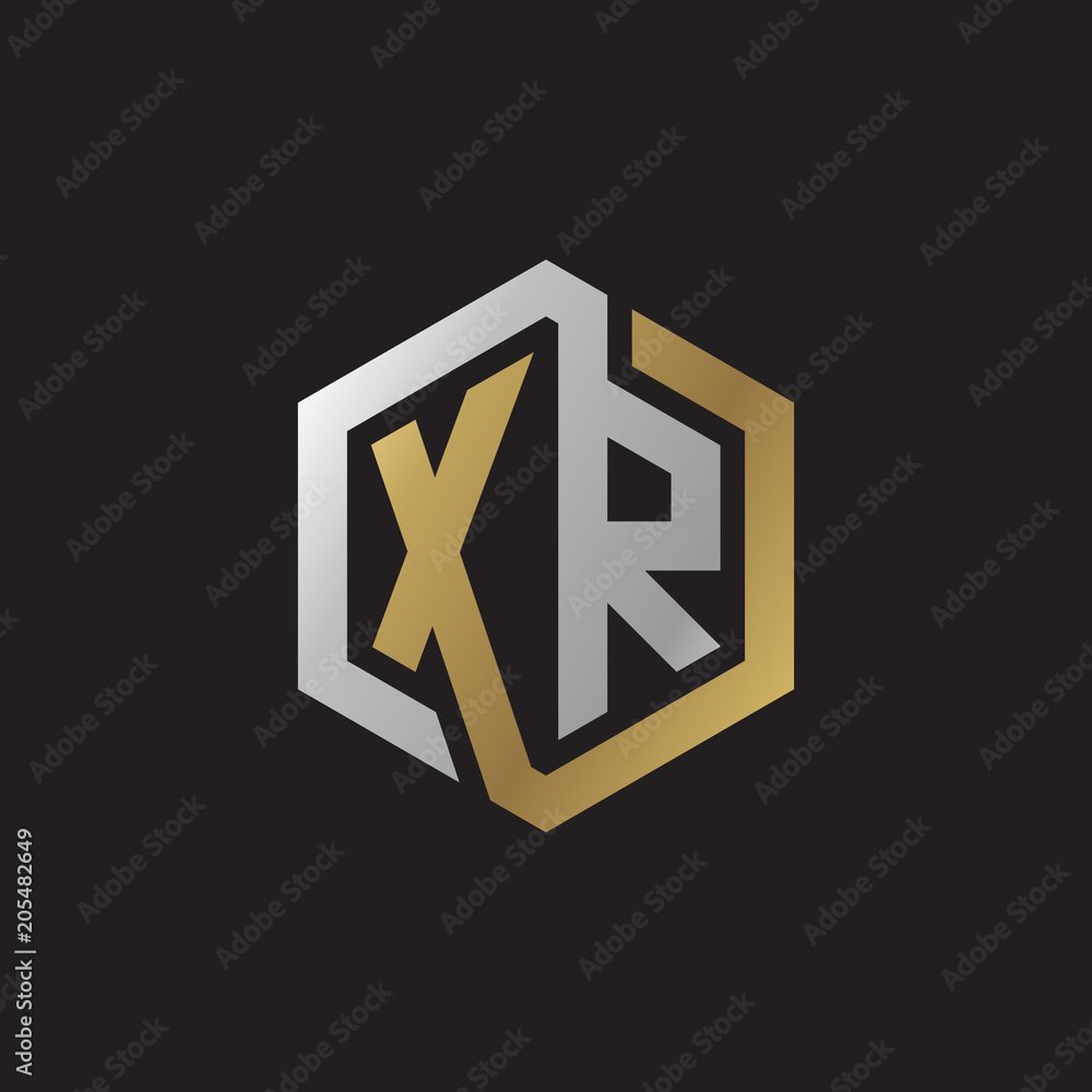 Obraz premium Initial letter XR, looping line, hexagon shape logo, silver gold color on black background