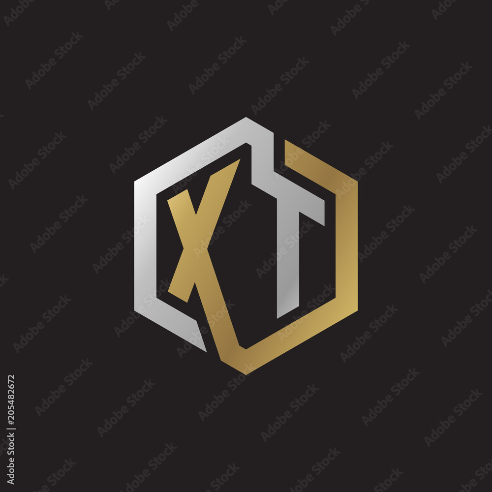 Initial letter XT, looping line, hexagon shape logo, silver gold color on black background Initial letter XT, looping line, hexagon shape logo, silver gold color on black background