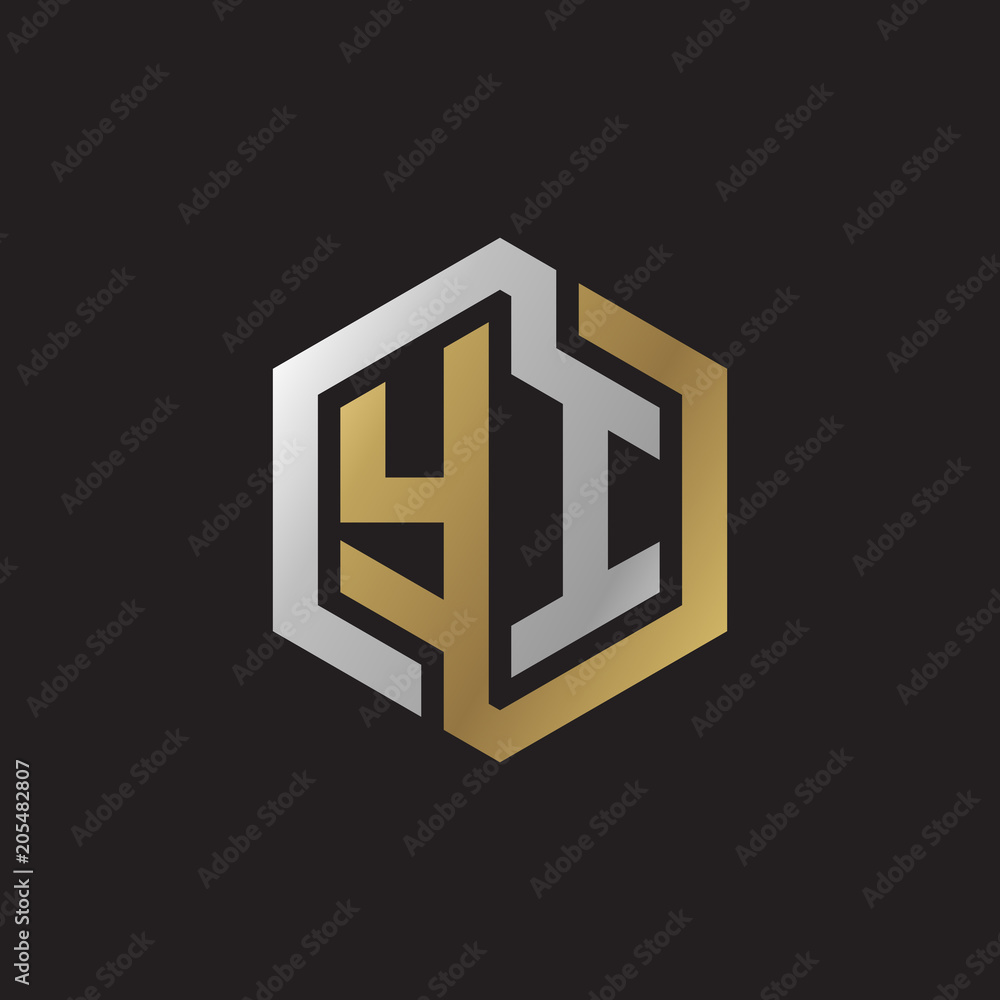 Initial letter YI, looping line, hexagon shape logo, silver gold color on black background Initial letter YI, looping line, hexagon shape logo, silver gold color on black background