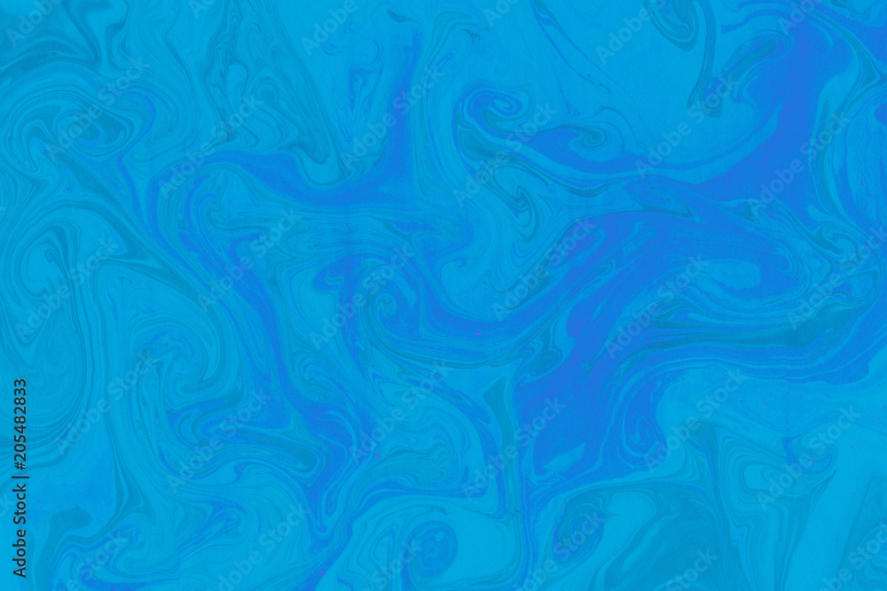 Naklejka Suminagashi marble texture hand painted with light blue ink. Digital paper 847 performed in traditional japanese suminagashi floating ink technique. Pretty liquid abstract background.