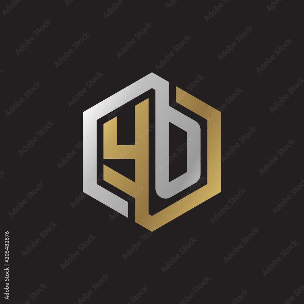 Initial letter YO, looping line, hexagon shape logo, silver gold color on black background Initial letter YO, looping line, hexagon shape logo, silver gold color on black background