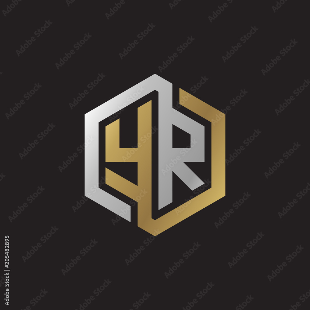 Initial letter YR, looping line, hexagon shape logo, silver gold color on black background Initial letter YR, looping line, hexagon shape logo, silver gold color on black background