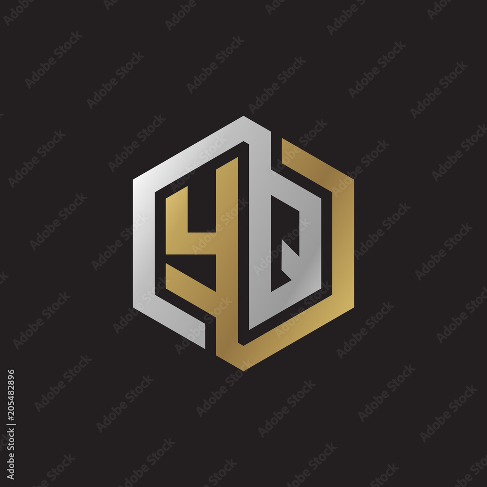 Initial letter YQ, looping line, hexagon shape logo, silver gold color on black background Initial letter YQ, looping line, hexagon shape logo, silver gold color on black background