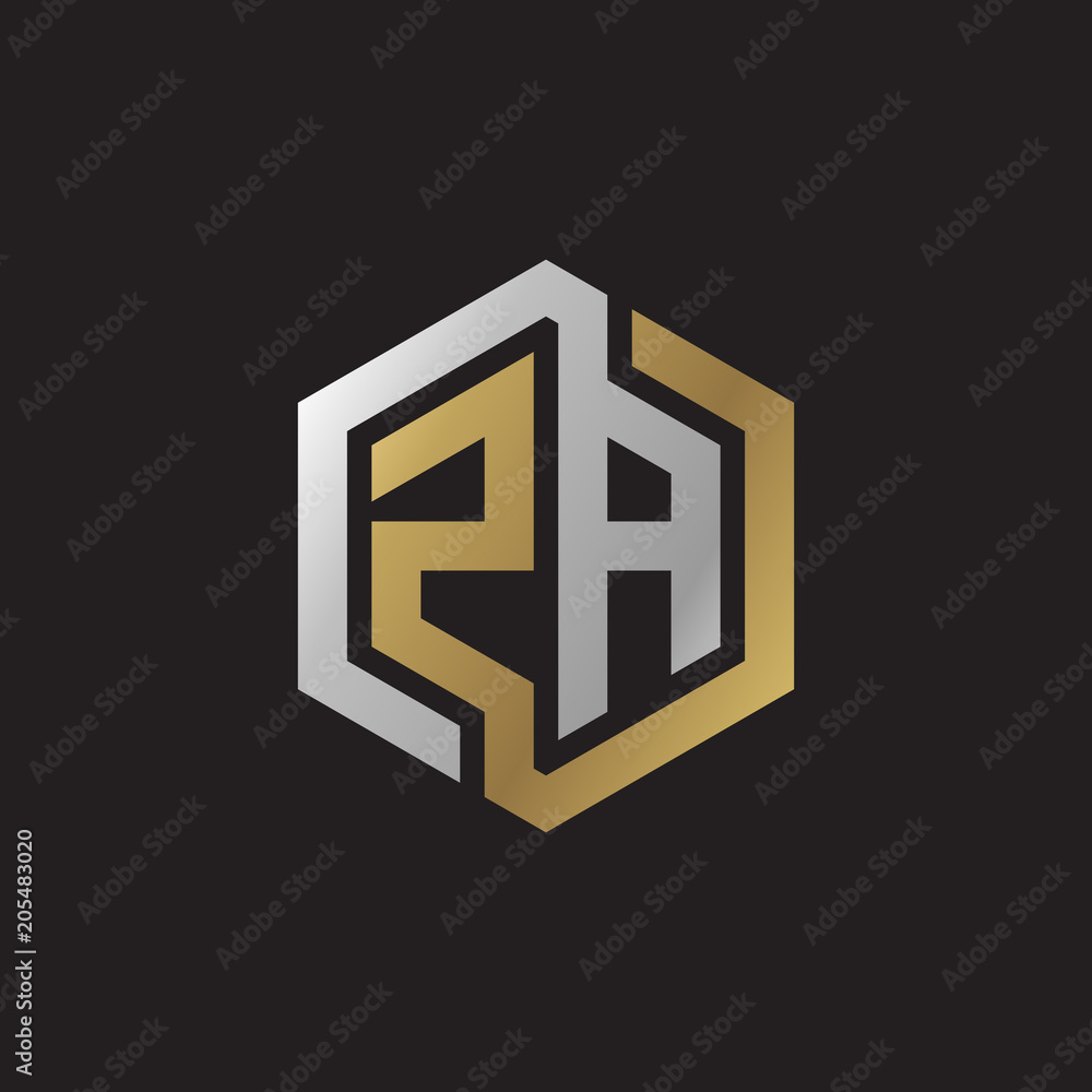 Initial letter ZA, looping line, hexagon shape logo, silver gold color on black background Initial letter ZA, looping line, hexagon shape logo, silver gold color on black background
