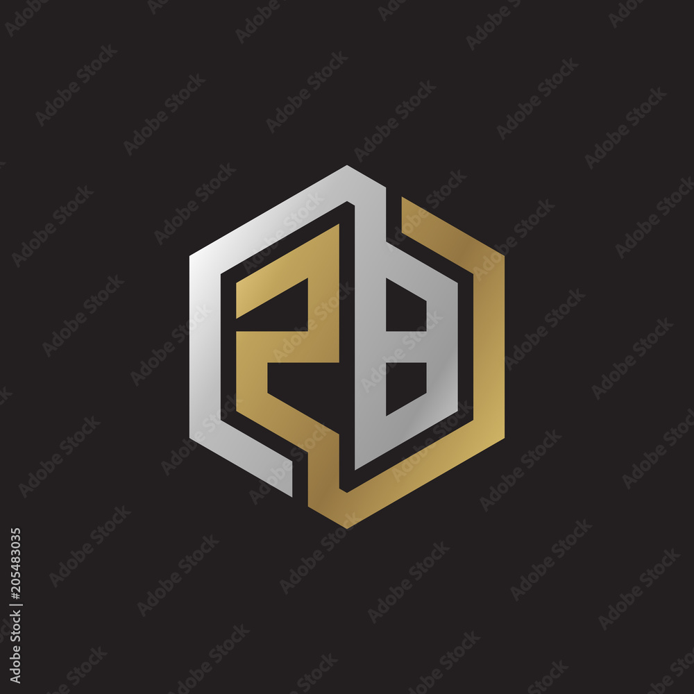 Initial letter ZB, looping line, hexagon shape logo, silver gold color on black background Initial letter ZB, looping line, hexagon shape logo, silver gold color on black background