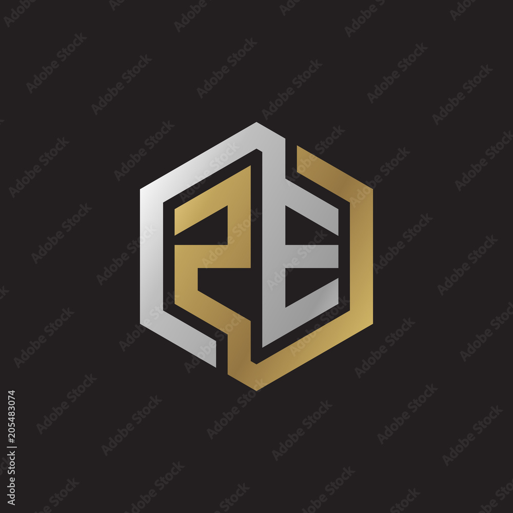 Initial letter ZE, looping line, hexagon shape logo, silver gold color on black background Initial letter ZE, looping line, hexagon shape logo, silver gold color on black background