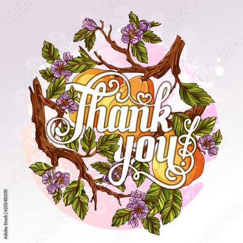 Thank You Lettering with quince fruits and flowers on background