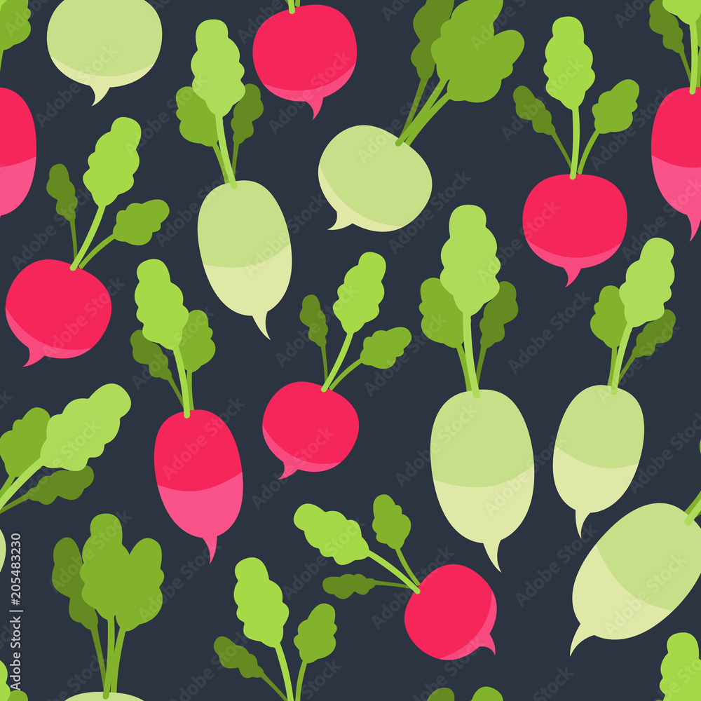 Colorful seamless pattern with healthy vegetable on dark background. Radish flat Illustration. Colorful seamless pattern with healthy vegetable on dark background. Radish flat Illustration.