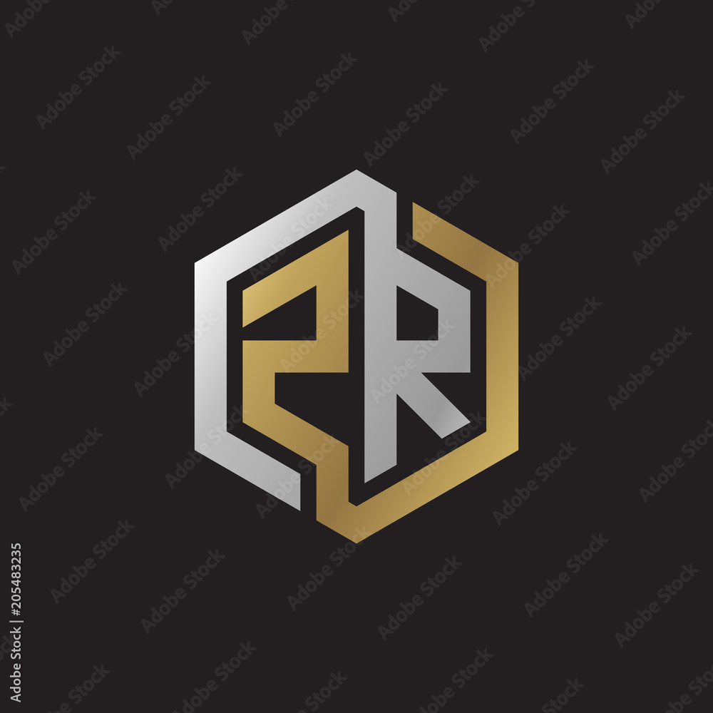 Initial letter ZR, looping line, hexagon shape logo, silver gold color on black background Initial letter ZR, looping line, hexagon shape logo, silver gold color on black background