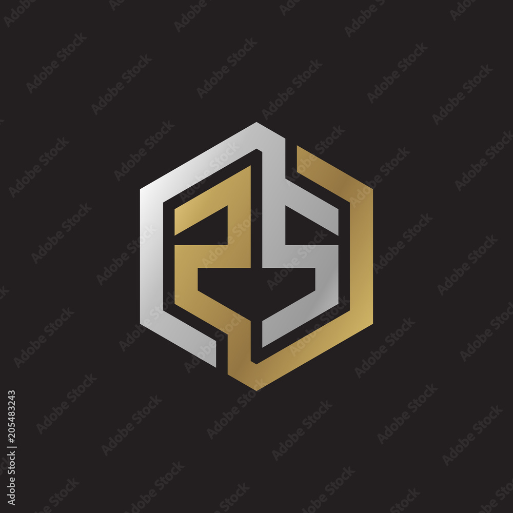 Initial letter ZS, looping line, hexagon shape logo, silver gold color on black background Initial letter ZS, looping line, hexagon shape logo, silver gold color on black background