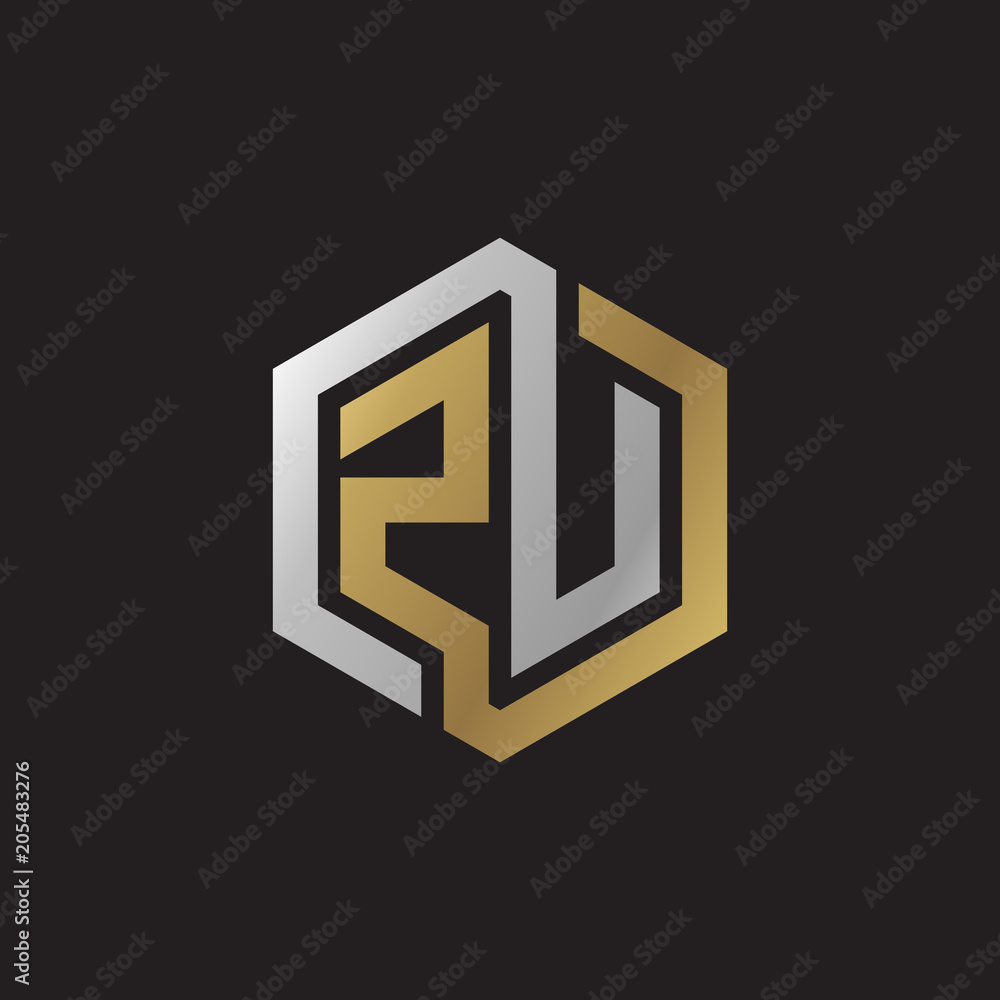 Initial letter ZU, looping line, hexagon shape logo, silver gold color on black background Initial letter ZU, looping line, hexagon shape logo, silver gold color on black background