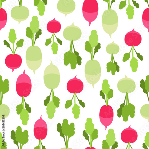 Colorful seamless pattern with healthy vegetable on a white background. Radish flat Illustration.