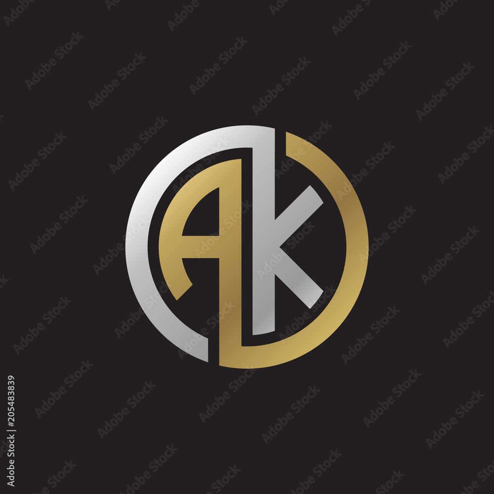 Initial letter AK, looping line, circle shape logo, silver gold color on black background Initial letter AK, looping line, circle shape logo, silver gold color on black background