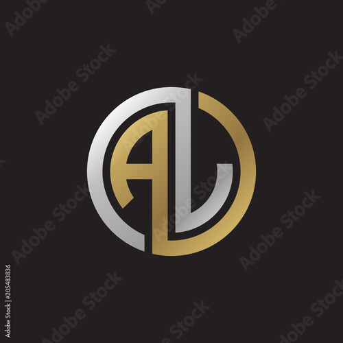 Initial letter AJ, AL, looping line, circle shape logo, silver gold color on black background