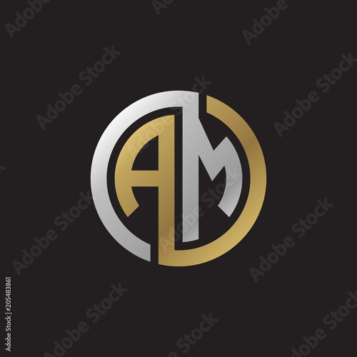 Initial letter AM, looping line, circle shape logo, silver gold color on black background