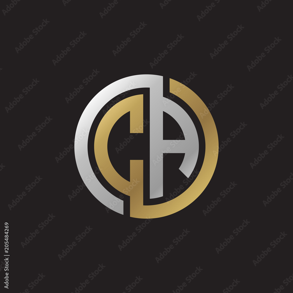 Initial letter CA, looping line, circle shape logo, silver gold color on black background Initial letter CA, looping line, circle shape logo, silver gold color on black background