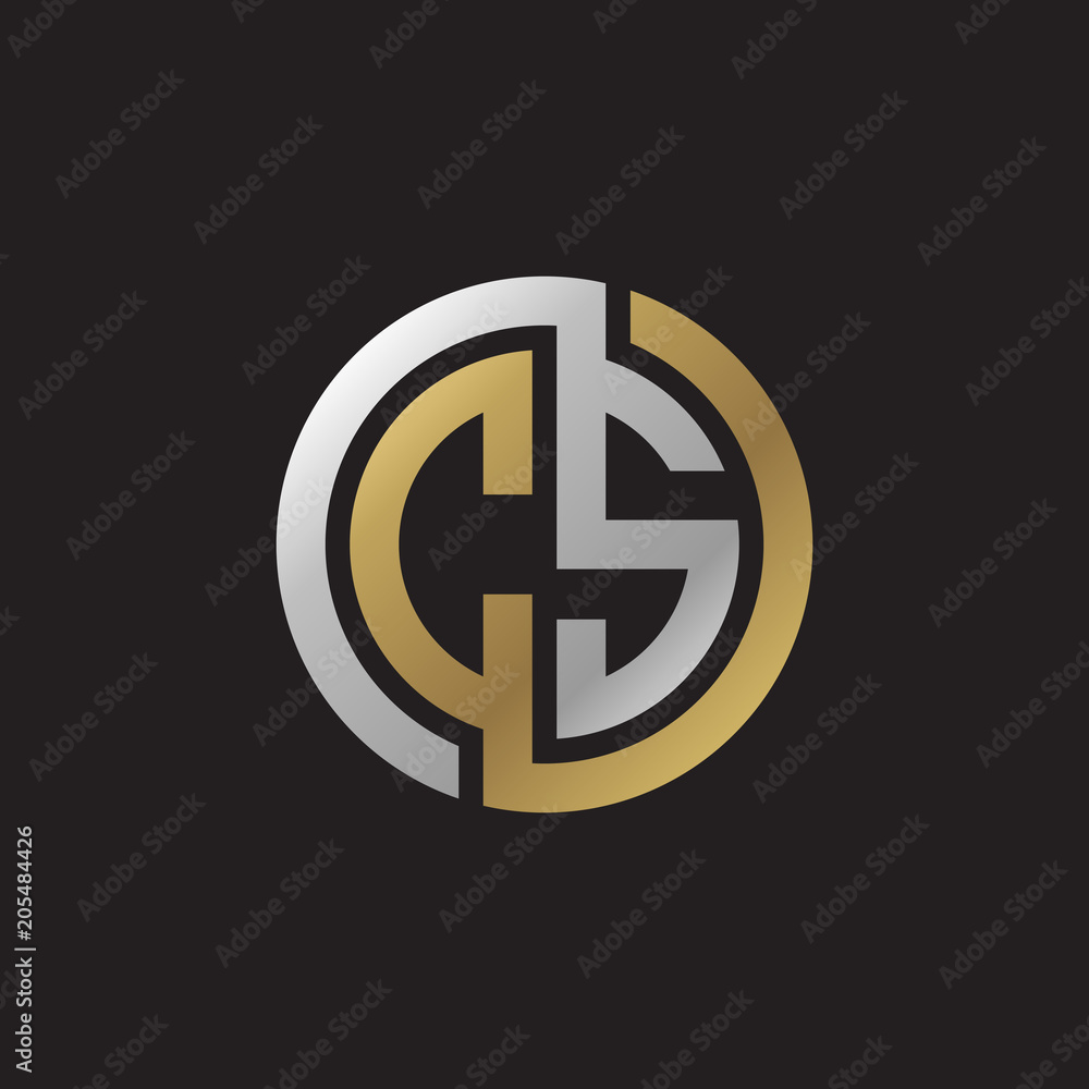 Initial letter CS, looping line, circle shape logo, silver gold color on black background Initial letter CS, looping line, circle shape logo, silver gold color on black background