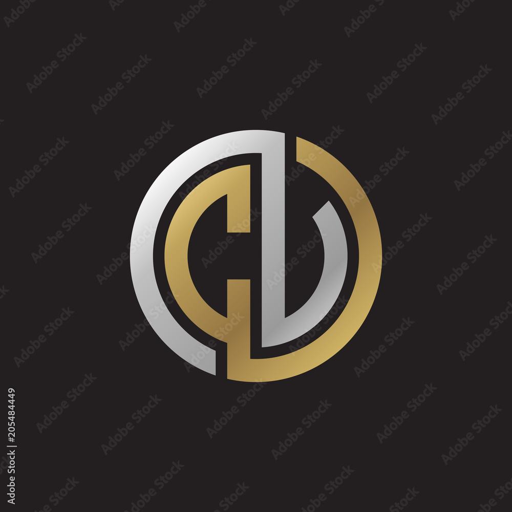 Initial letter CV, CU, looping line, circle shape logo, silver gold color on black background Initial letter CV, CU, looping line, circle shape logo, silver gold color on black background