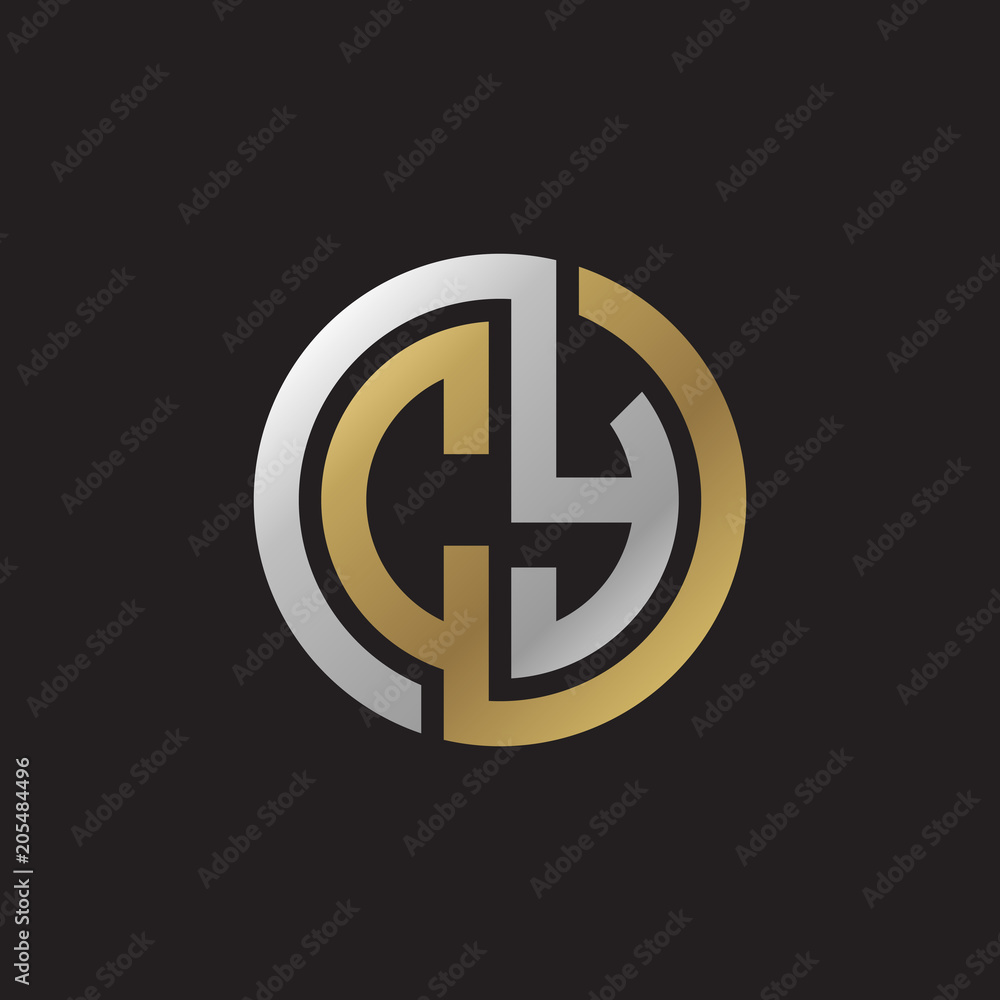 Initial letter CY, looping line, circle shape logo, silver gold color on black background Initial letter CY, looping line, circle shape logo, silver gold color on black background
