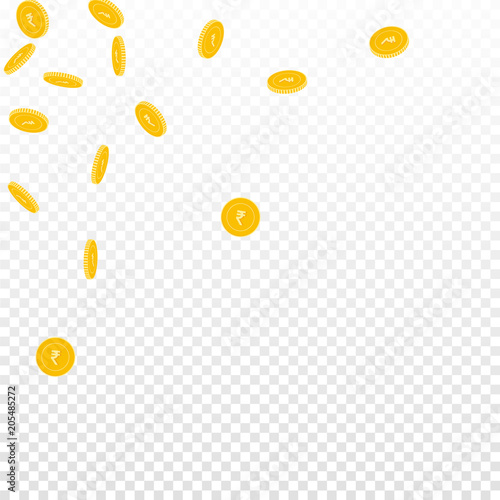 Indian rupee coins falling. Scattered sparse INR coins on transparent background. Comely scattered top left corner vector illustration. Jackpot or success concept.