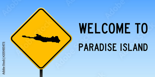 Paradise Island map on road sign. Wide poster with Paradise Island map on yellow rhomb road sign. Vector illustration.