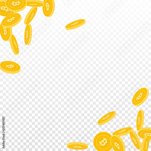Bitcoin, internet currency coins falling. Scattered big BTC coins on transparent background. Modern scatter abstract corners vector illustration. Jackpot or success concept.