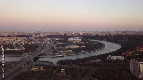 sunset evening moscow cityscape river famous luzhniki stadium complex aerial panorama 4k russia

