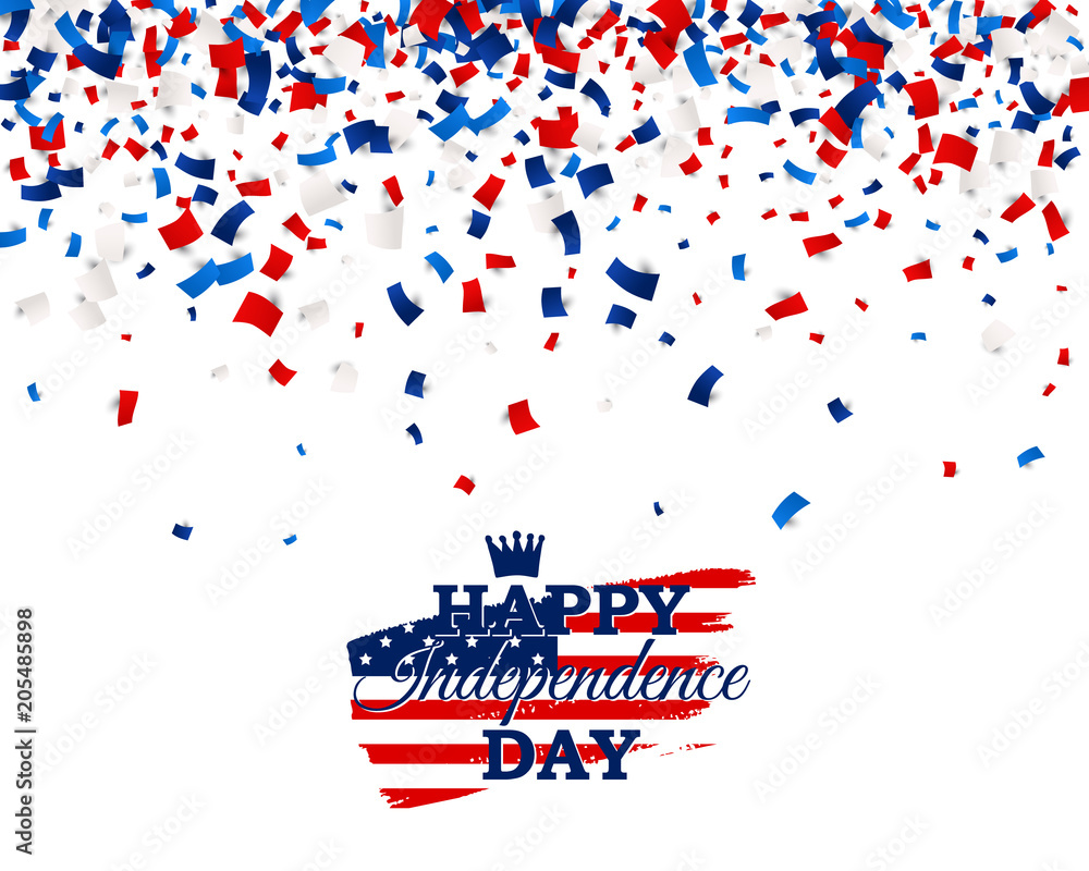 Fototapeta premium Happy Independence Day vector poster with USA flag, crown on brush stroke and scatter papers in national American colors - red, white, blue. All isolated and layered
