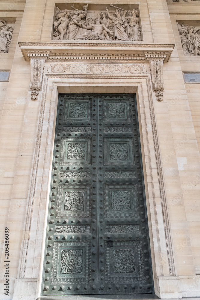 Paris, beautiful ancient door of the Pantheon, in the Latin Quarter
