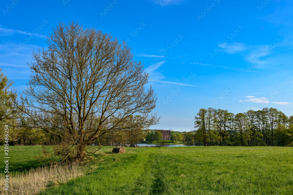 Wiesenlandschaft in Rambow mit Blick auf Schloss Ulrichshusen und den Ulrichshuser See im Naturpark Märkischen Schweiz