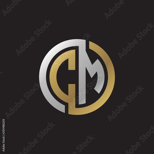Initial letter CM, looping line, circle shape logo, silver gold color on black background