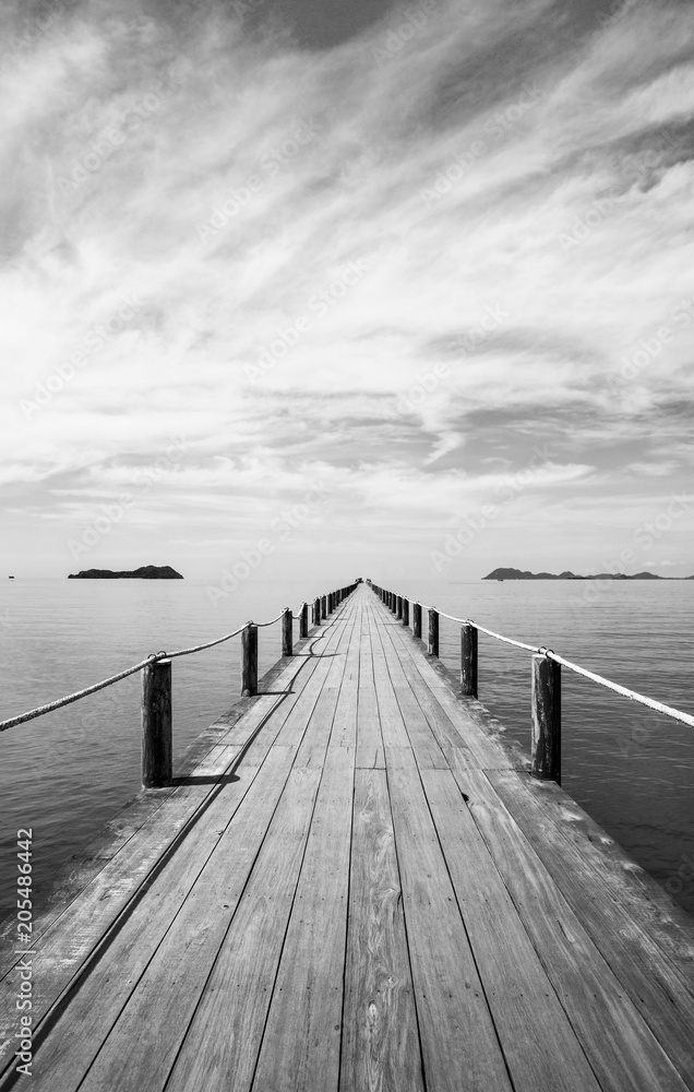 Obraz premium Czarny i biały Krajobraz drewniany most w błękitnym morzu na tropikalnej plaży.