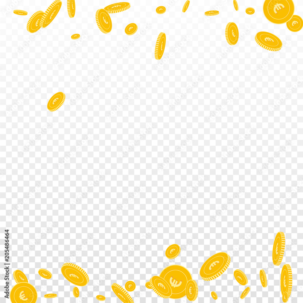 European Union Euro coins falling. Scattered disorderly EUR coins on transparent background. Ideal borders vector illustration. Jackpot or success concept.