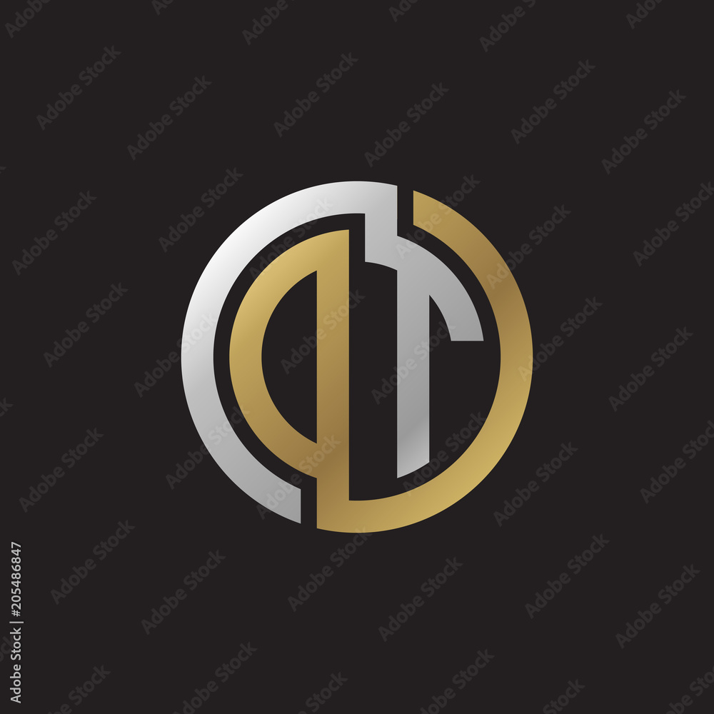 Initial letter DT, OT, looping line, circle shape logo, silver gold color on black background Initial letter DT, OT, looping line, circle shape logo, silver gold color on black background