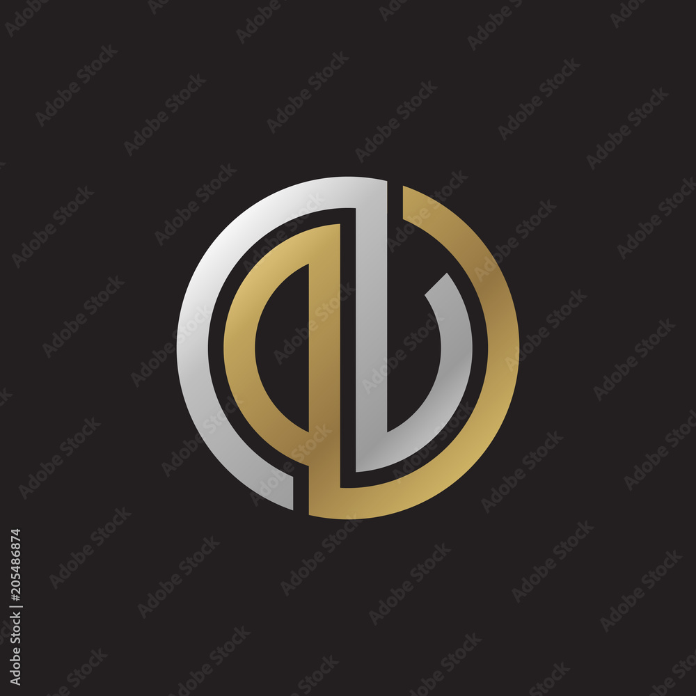 Fototapeta premium Initial letter DU, OU, DV, OV, looping line, circle shape logo, silver gold color on black background