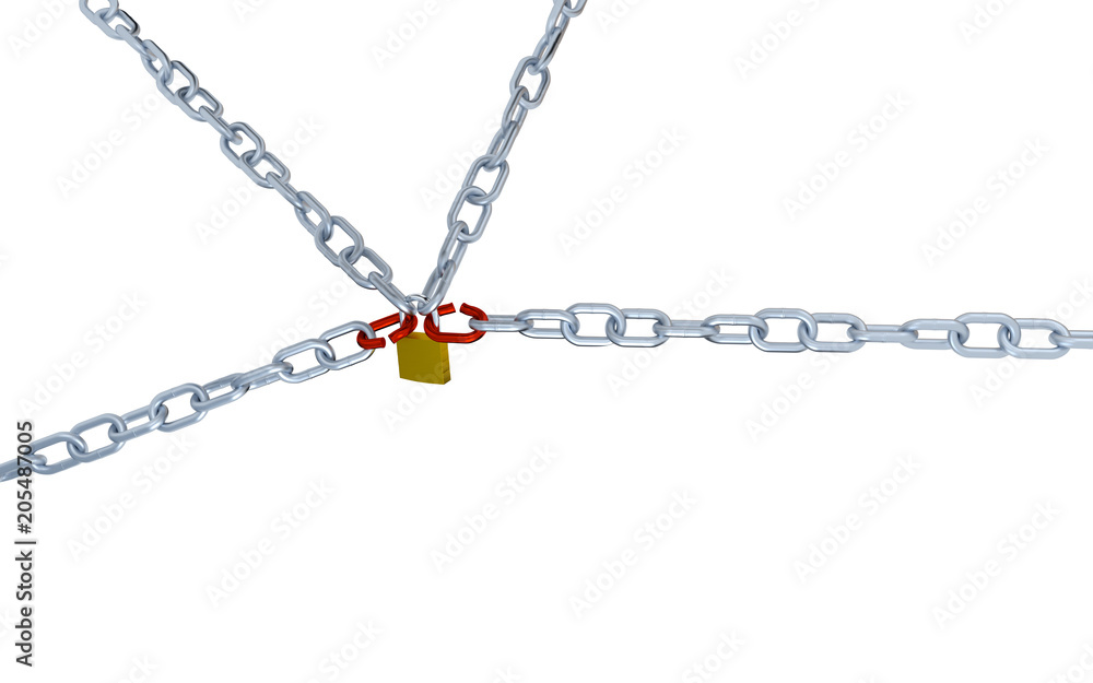 Large View of Four Long Chains with Two Red Link Locked with a Padlock Large View of Four Long Chains with Two Red Link Locked with a Padlock