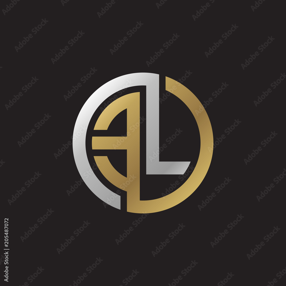 Initial letter EL, looping line, circle shape logo, silver gold color on black background Initial letter EL, looping line, circle shape logo, silver gold color on black background