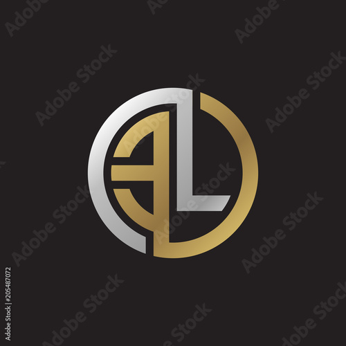 Initial letter EL, looping line, circle shape logo, silver gold color on black background