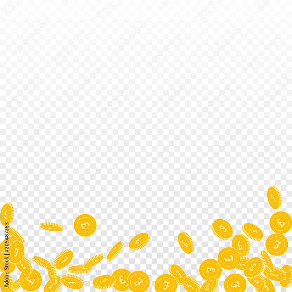 British pound coins falling. Scattered small GBP coins on transparent background. Unequaled abstract bottom vector illustration. Jackpot or success concept. British pound coins falling. Scattered small GBP coins on transparent background. Unequaled abstract bottom vector illustration. Jackpot or success concept.