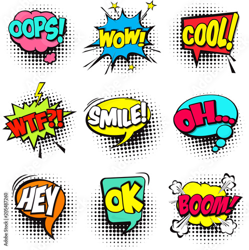 Collection of Cartoon, Comic Speech Bubbles. Colored Dialog Clouds with Halftone Dot Background in Pop Art Style. Vector Illustration for Comics Book. Speech Bubbles with Word and Sound Illustration