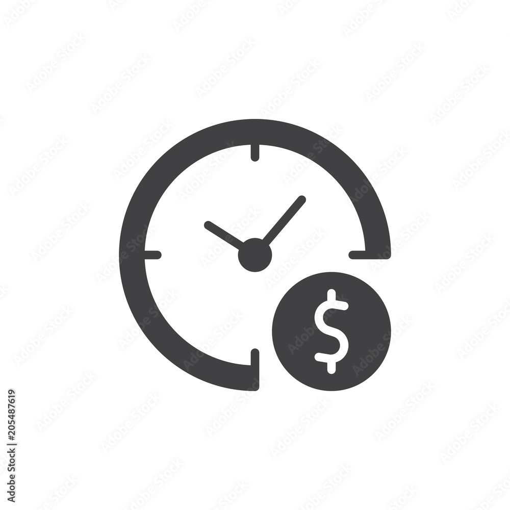 Time is money vector icon. filled flat sign for mobile concept and web design. Clock and dollar simple solid icon. Symbol, logo illustration. Pixel perfect vector graphics Time is money vector icon. filled flat sign for mobile concept and web design. Clock and dollar simple solid icon. Symbol, logo illustration. Pixel perfect vector graphics