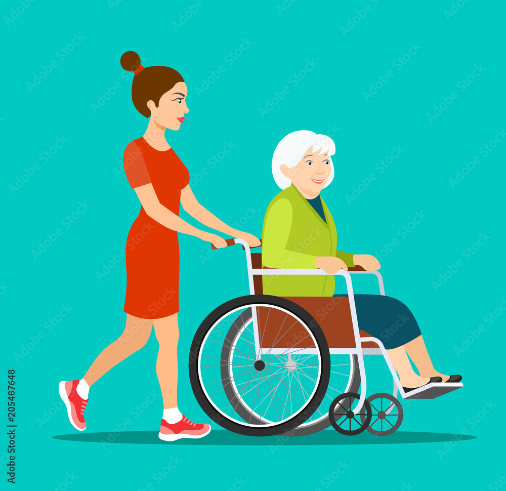 Woman strolling with elder grey haired woman in wheelchair. Vector flat style illustration Woman strolling with elder grey haired woman in wheelchair. Vector flat style illustration